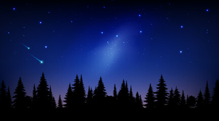 Forest dark silhouette landscape flat colorful illustration night blue sky with stars milky way in the morning. Vector panorama background for tourism, traveling, camping adventure.