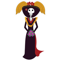 Day of the Dead holiday in Mexico. Girl Katrina Calavera in Mexican costume. Vector illustration isolated on white background.