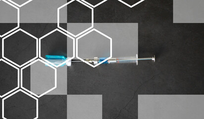 small jars with injection and syringe for injection on a blue background near the chemical formula