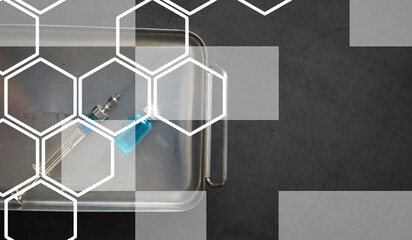 small jars with injection and syringe for injection on a blue background near the chemical formula