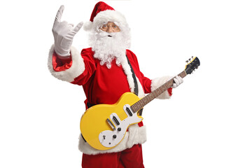 Santa claus with an electirc guitar showing rock and roll sign