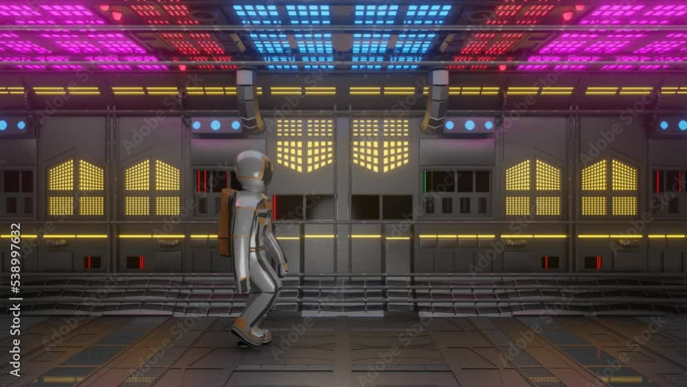 Poster astronaut moves along sci-fi technological tunnel side view. 3d render looped animation