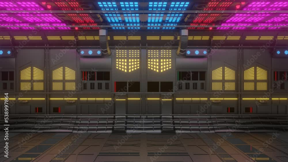 Poster the camera moves along the sci-fi technological tunnel. 3d render looped animation