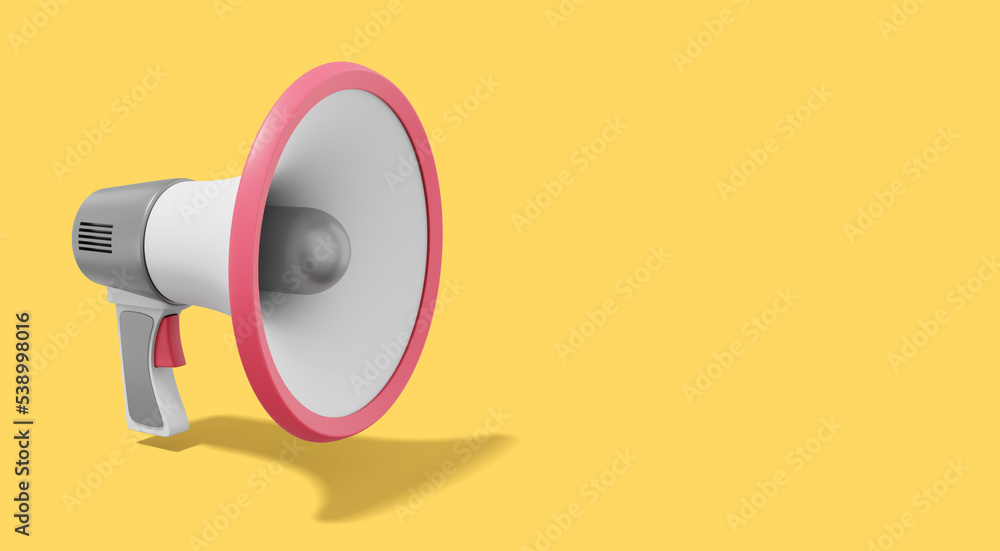 Poster realistic megaphone on yellow background with space for text. sound amplification device. 3d renderi