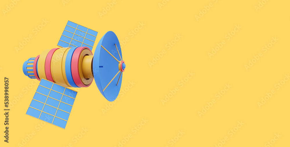 Poster space satellite with an antenna. orbital communication station intelligence, research. 3d rendering.