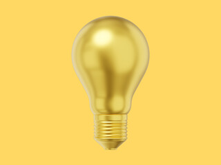 Realistic gold light bulb. 3D rendering. Icon on yellow background