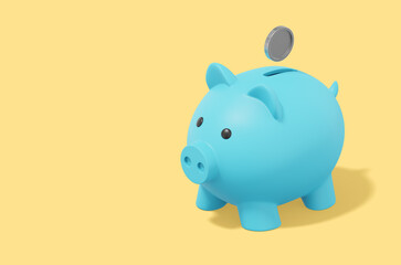 Accumulation of savings icon. Banner, space for text. 3D rendering. Blue piggy bank with falling coins on yellow background.
