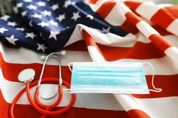 American health care system. USA flag background. Medical mask and restrictions.