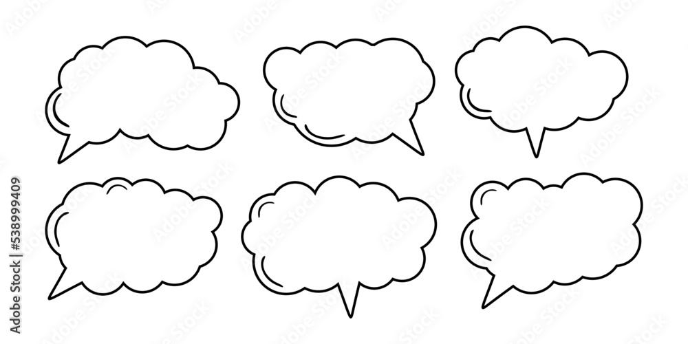 Poster set of different hand-drawn speech bubble. linear bubbles collection on white background. empty blan