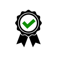 Approved icon in flat style Award rosette symbol with check isolated on white background Simple certified medal signs Abstract icon in black Vector illustration for graphic design, Web, UI, mobile upp