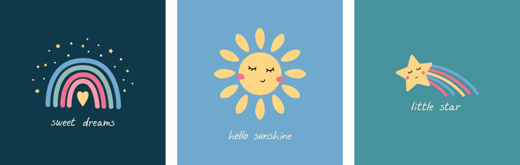 Scandinavian style vector illustration with rainbow, sun and stars. Prints with inscriptions for children's clothes, cards and posters. Painting for children's room. 