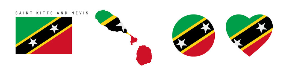 Saint Kitts and Nevis flag icon set. Pennant in official colors and proportions. Rectangular, map-shaped, circle and heart-shaped. Flat vector illustration isolated on white.