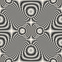 Vector seamless pattern with optical illusion effect. Simple abstract background, distorted checkered grid. Op art texture. Deformed surface. Black and white monochrome pattern. Retro style design