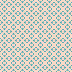 Vector geometric floral seamless pattern. Stylish background with small flower shapes, squares, repeat tiles. Retro vintage style texture in turquoise and beige color. Design for decor, print, fabric