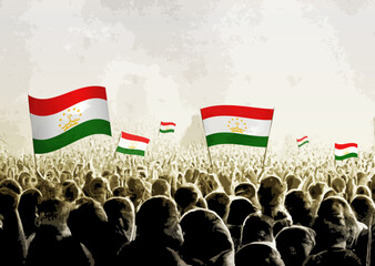 Crowd with the flags of Tajikistan, people cheering national team of Tajikistan. Ai generated illustration of crowd.