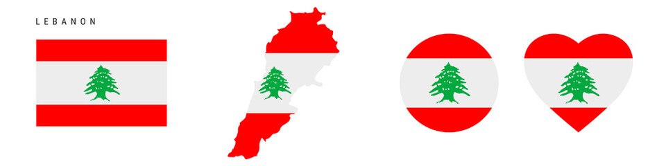 Lebanon flag icon set. Lebanese pennant in official colors and proportions. Rectangular, map-shaped, circle and heart-shaped. Flat vector illustration isolated on white.