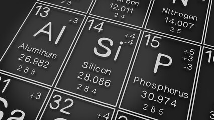 Aluminium, Silicon, Phosphorus on the periodic table of the elements on black blackground,history of chemical elements, represents the atomic number and symbol.,3d rendering