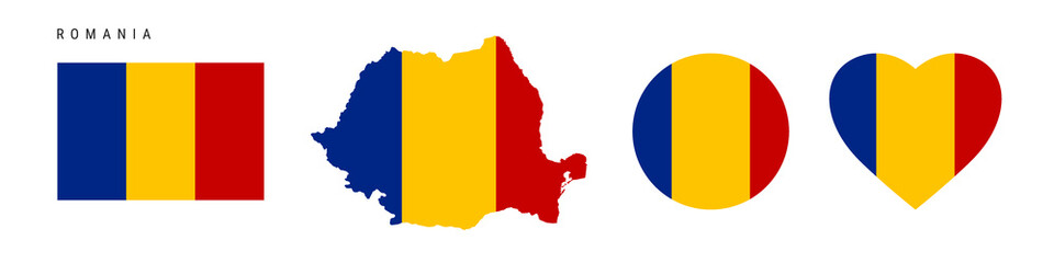 Romania flag icon set. Romanian pennant in official colors and proportions. Rectangular, map-shaped, circle and heart-shaped. Flat vector illustration isolated on white.