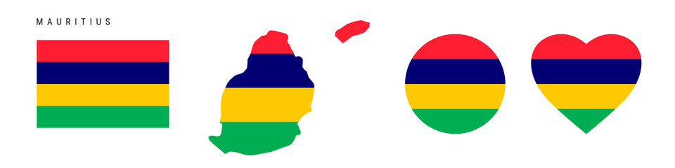 Mauritius flag icon set. Mauritian pennant in official colors and proportions. Rectangular, map-shaped, circle and heart-shaped. Flat vector illustration isolated on white.