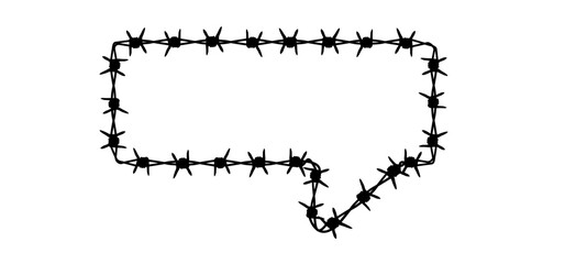 Cartoon speed bubble or speech bubble and rusty barbed wire. Wired or wires sign. For freedom or repression. World refugee day, remembrance of slave trade and its abolition. Barbed icon Fence idea.