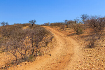 Namibian landscape along the gravel road. Oanob, Namibia.