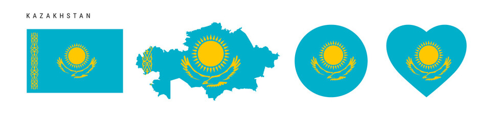 Kazakhstan flag icon set. Kazakh pennant in official colors and proportions. Rectangular, map-shaped, circle and heart-shaped. Flat vector illustration isolated on white.