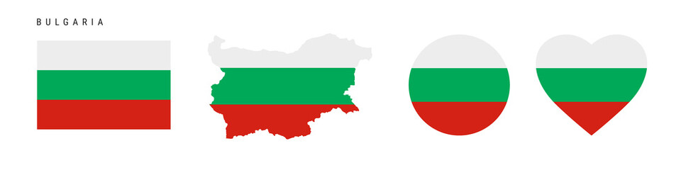 Fototapeta premium Bulgaria flag icon set. Bulgarian pennant in official colors and proportions. Rectangular, map-shaped, circle and heart-shaped. Flat vector illustration isolated on white.