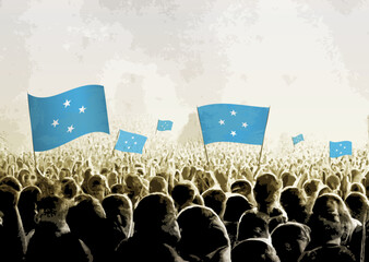 Crowd with the flags of Micronesia, people cheering national team of Micronesia. Ai generated illustration of crowd. - obrazy, fototapety, plakaty