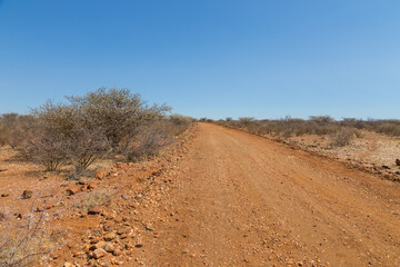 Namibian landscape along the gravel road. Oanob, Namibia.