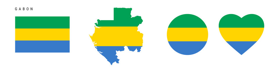 Gabon flag icon set. Gabonese pennant in official colors and proportions. Rectangular, map-shaped, circle and heart-shaped. Flat vector illustration isolated on white.