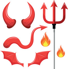 Devil attributes set, wings, tail, horns. Haloween vector illustration