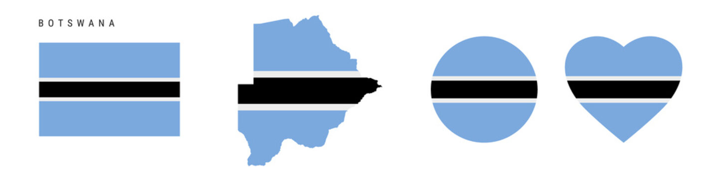 Botswana flag icon set. Republic of Botswana pennant in official colors and proportions. Rectangular, map-shaped, circle and heart-shaped. Flat vector illustration isolated on white.