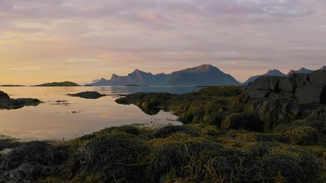 Aerial view of the magnificent mountain lofoten, Bleik, sunset Norway.