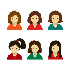 Set of colorful female faces icons in flat style. Vector set of girls with various hairstyles isolated on white. Simple abstract color icons Modern flat vector illustration for graphic design, Web, UI