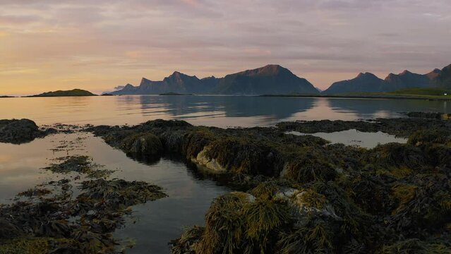 Aerial view of the magnificent mountain lofoten, Bleik, sunset Norway.