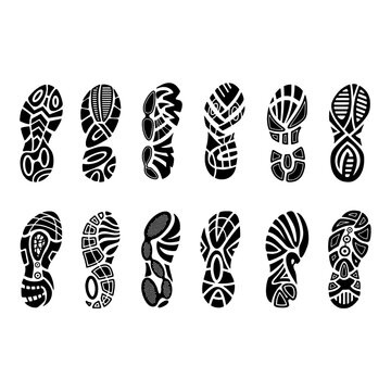 footprint vector silhouettes. Dirty shoes and sneakers footprints. Black footprint and illustration of imprint track step