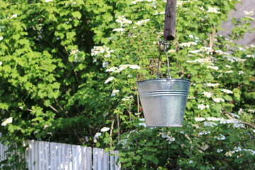 Water extraction bucket against the background of a white picket fence