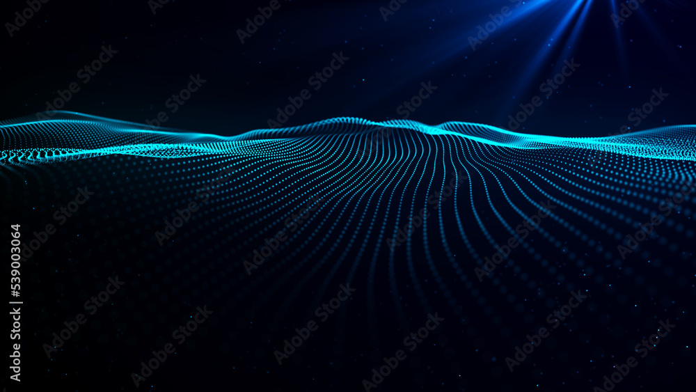 Poster dynamic wave of glowing particles. wave of glowing points. digital technology background. 3d renderi