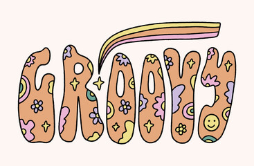 Vector ornate lettering hippie positive type. Groovy text on pastel background. Old hippy sixties style, vintage retro design. Gift card, poster, print for t-shirt and more, sticker, label and other.