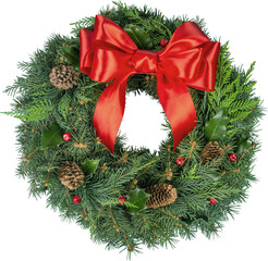 Christmas decorative wreath of holly, ivy, mistletoe, cedar and leyland leaf sprigs