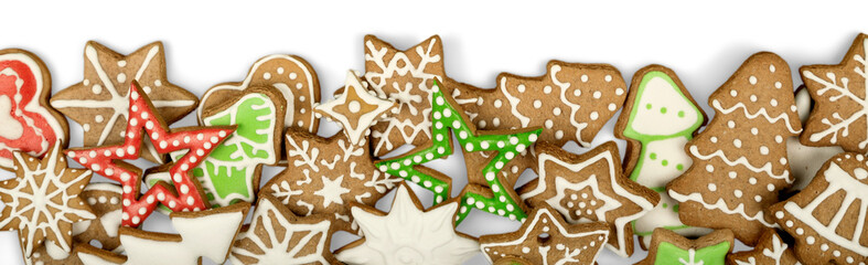 Gingerbread cookies on white background. Snowflake, star, man, angel, candy shapes