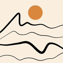 Modern abstract minimalistic geometric curve line mountains asian landscape scene print. Good for minimalist scandinavian style interior. Contemporary art digital poster. Printable scandi minimal home