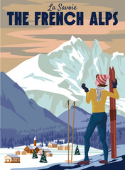 The French Alps Ski resort poster, retro. Mont Blanc Winter travel card, girl with ski - obrazy, fototapety, plakaty