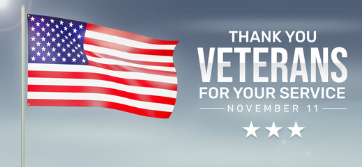 
Thank you veterans Wallpaper with Waving American flag and dark grey sky. Veterans day concept background