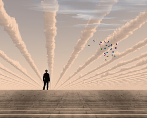 Man and surreal clouds