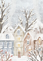 Christmas illustration with cute old houses