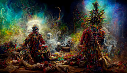 fantastic hallucinating ancient shaman surrounded with fumes and smoke, neural network generated art. Digitally generated image. Not based on any actual scene or pattern.