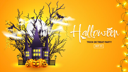 Halloween Promotion Poster or banner template with halloween pumpkin ghost, tree, moon lights spider, and halloween elements. banner template