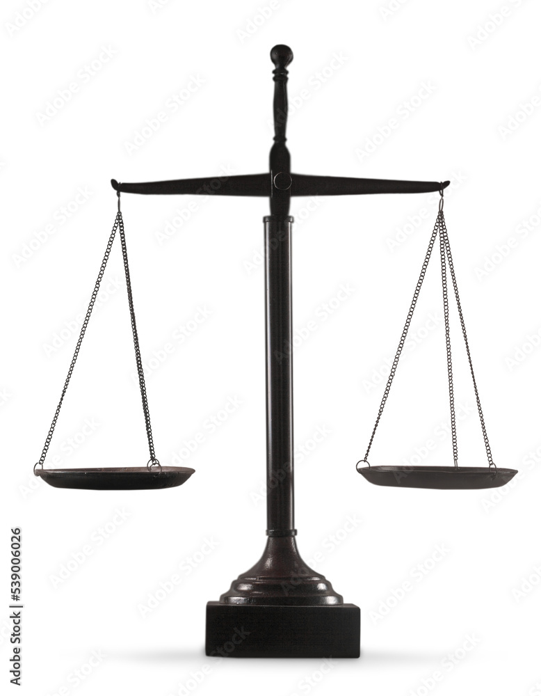 Wall mural Law scales on table background. Symbol of justice