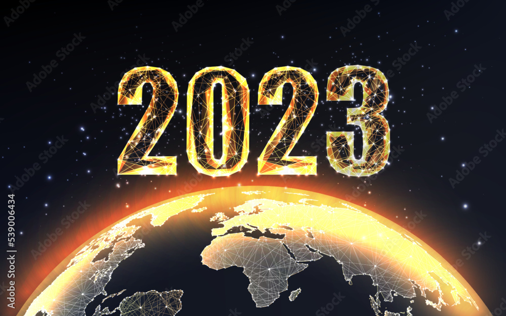 Wall mural gold 2023 new year web banner with gold planet earth view from space and digits on black background